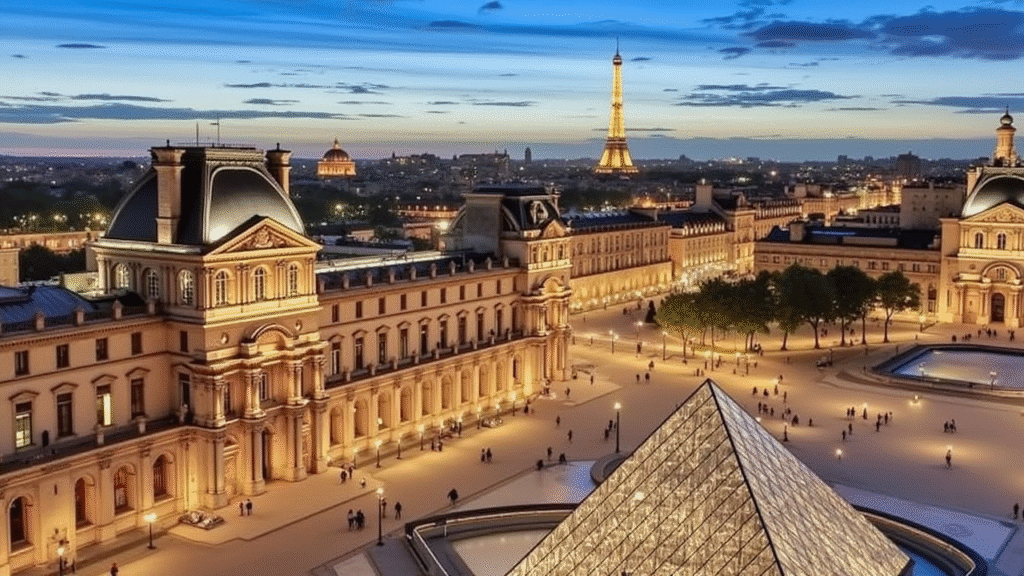 Paris skyline with the Eiffel Tower at sunset
