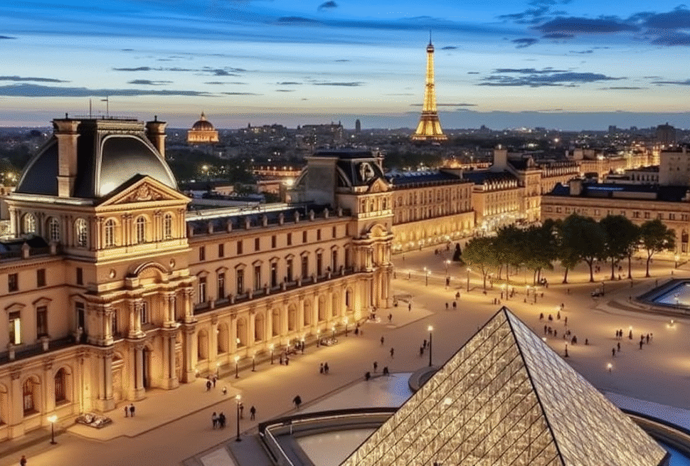 Paris skyline with the Eiffel Tower at sunset