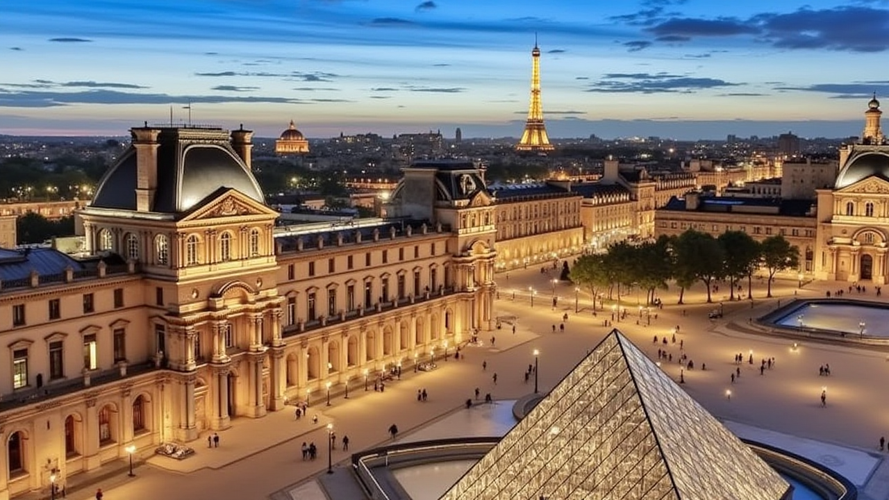 Paris skyline with the Eiffel Tower at sunset