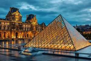 Louvre Museum courtyard with glass pyramid, Paris