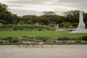 Luxembourg Gardens with Medici Fountain and Palace in Paris