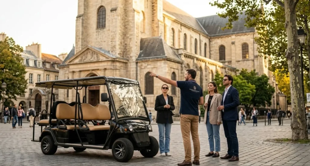 Friendly local guide showing Paris monuments from a private golf cart