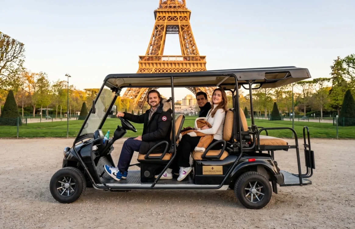 Private golf cart tour in Paris with Travelers enjoying the Eiffel Tower in the background