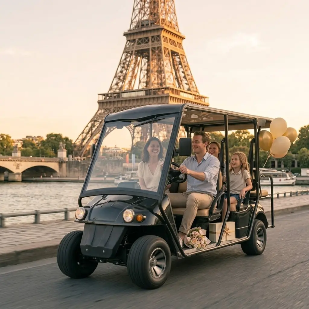 Family enjoying a private electric golf cart tour in Paris with the Eiffel Tower in golden hour background