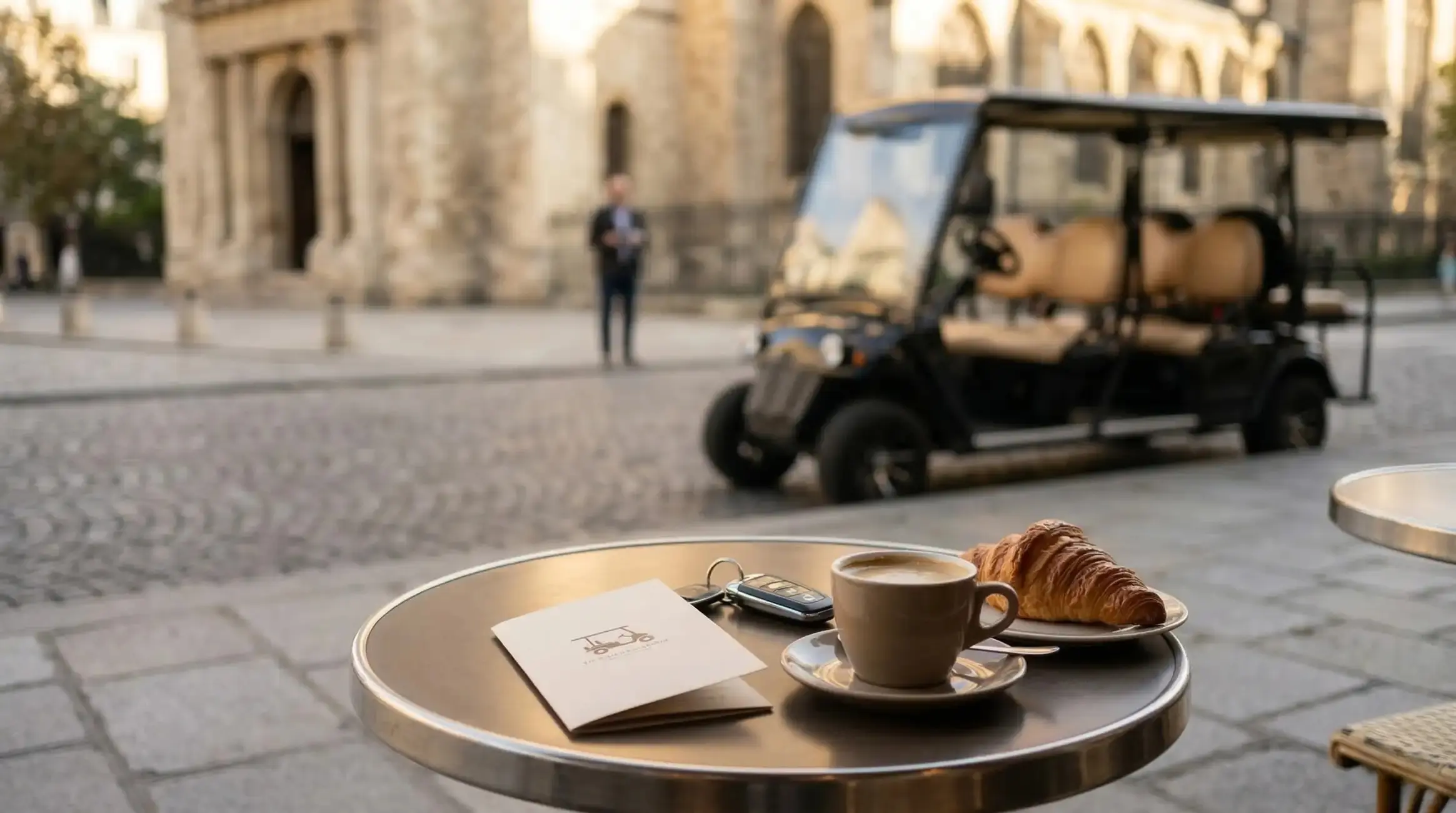 Coffee break during a private electric golf cart tour in Paris with a cart waiting near a historic monument