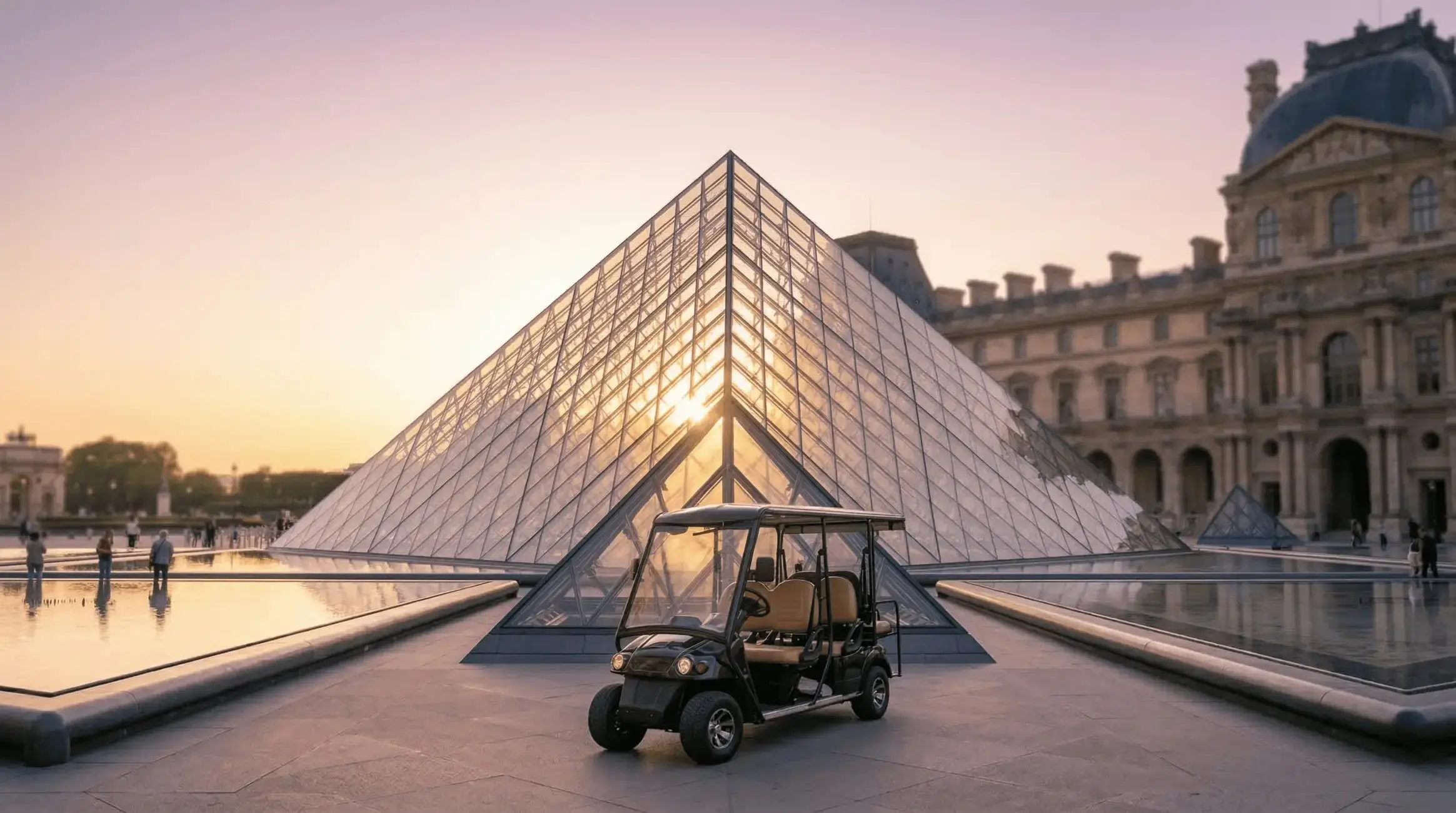Private electric golf cart tour in Paris in front of the Louvre Pyramid at sunset