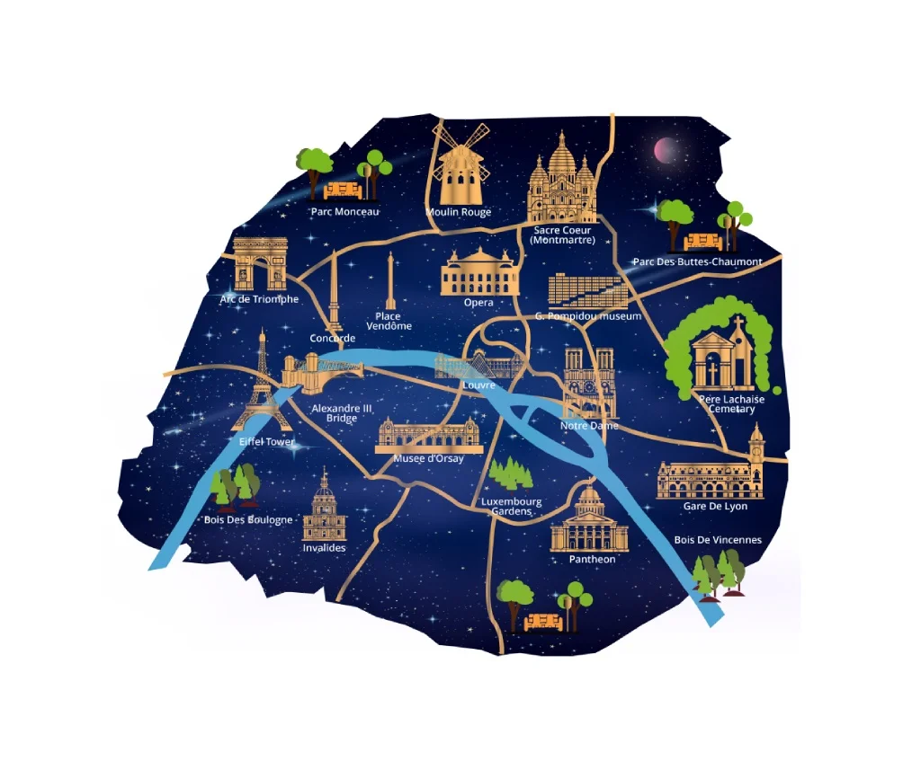 Paris by Night golf cart tour route map showing illuminated landmarks
