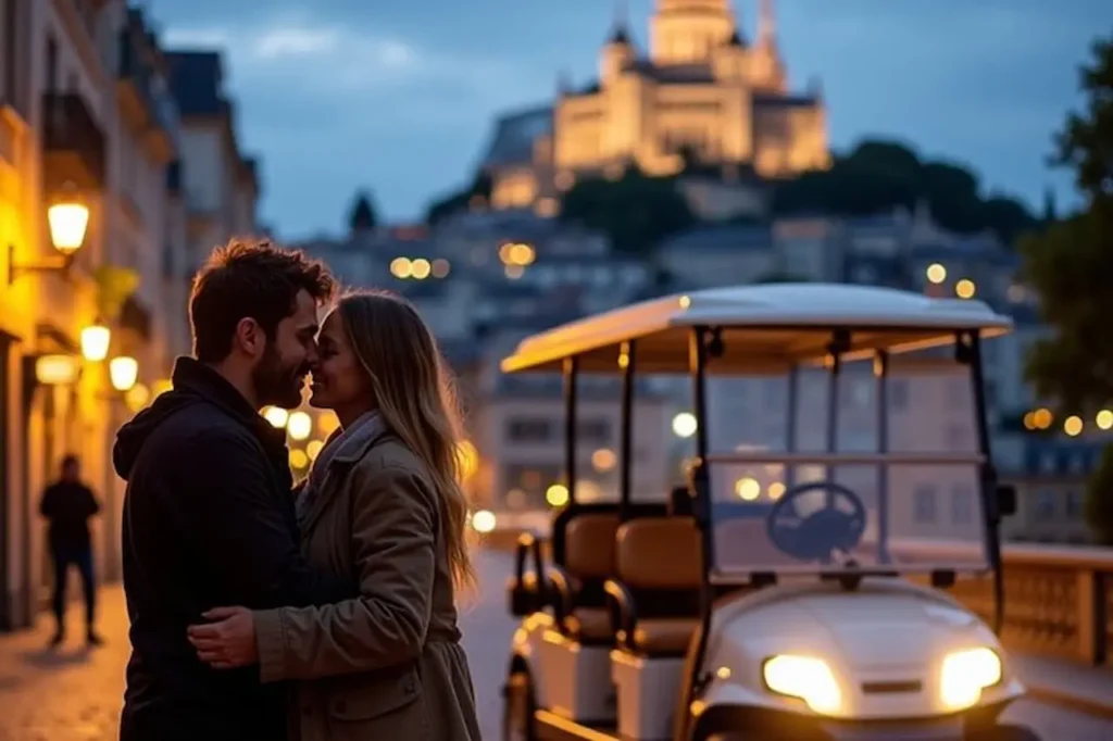 Romantic Paris by Night golf cart tour for couples near illuminated Paris landmarks